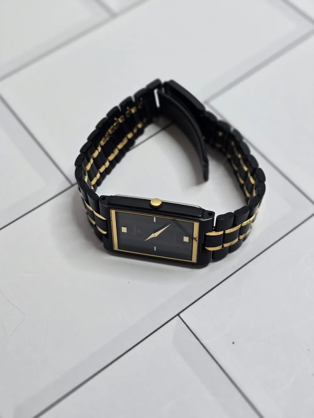 Vintage Pulsar Black and Gold Rectangular Dress Watch